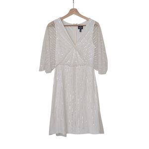 Adrianna Papell White Long Sleeve Sequin Dress